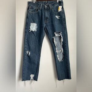 Levi’s 505 Women’s Blue Wash Mid Rise Frayed Straight Leg Distress Jeans W31 L34